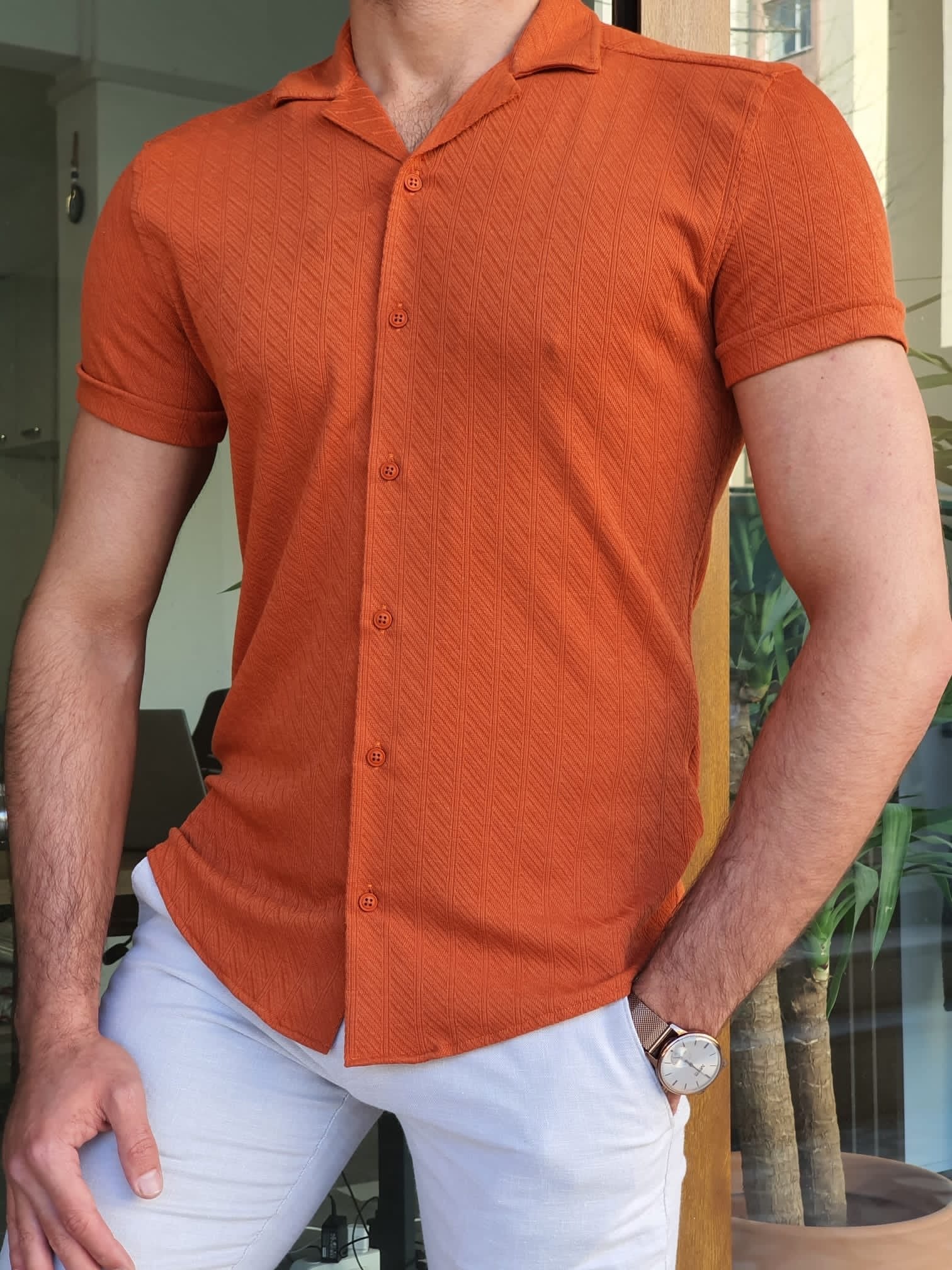 Mantova Dark Orange Slim Fit Short Sleeve Shirt-baagr.myshopify.com-Shirt-BOJONI