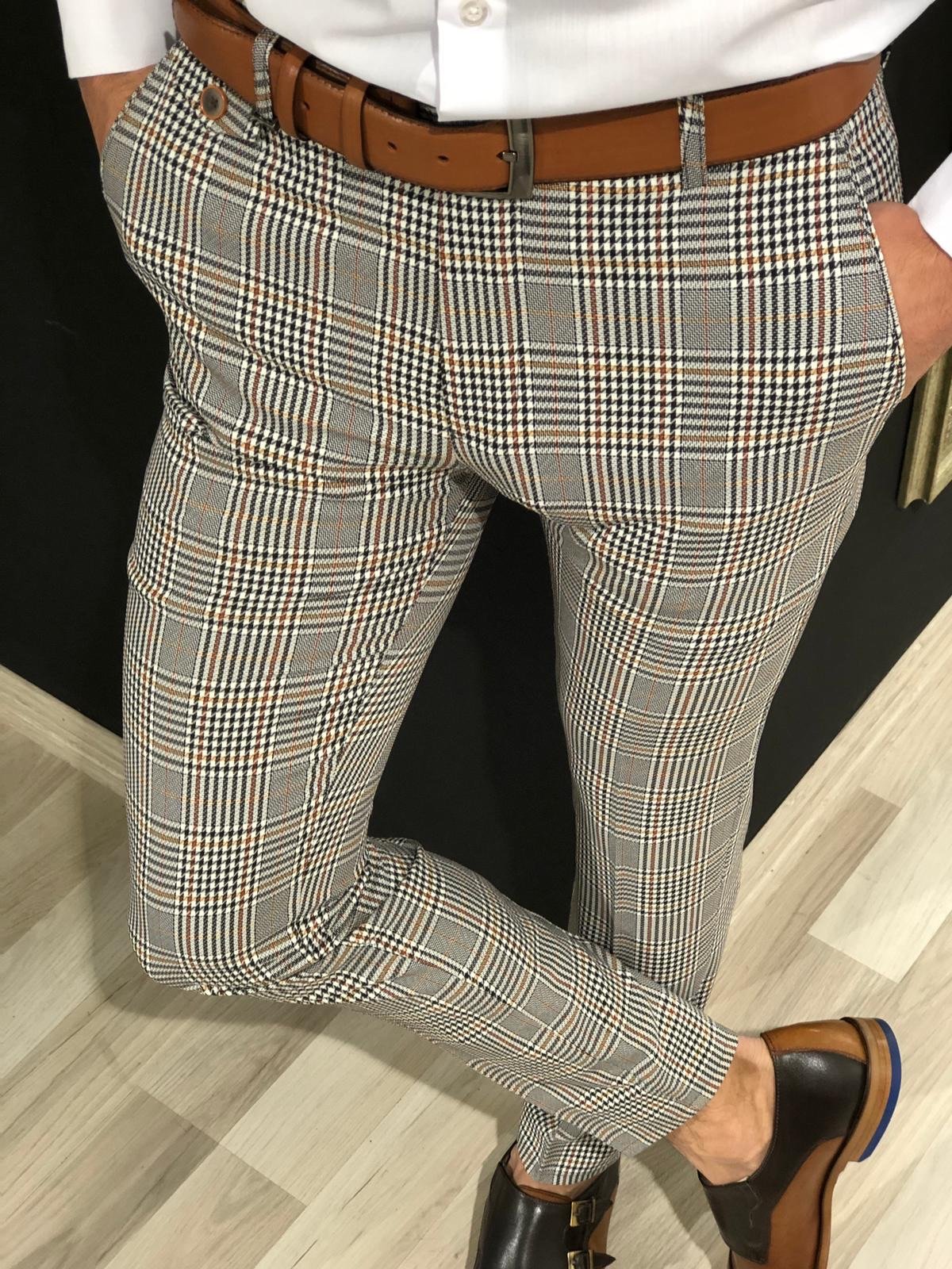 Ferra Slim Fit Plaid Pants in Orange-baagr.myshopify.com-Pants-BOJONI