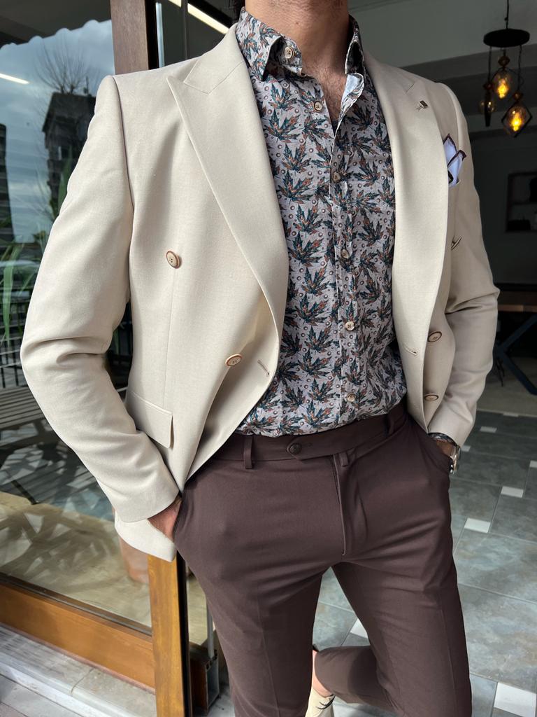 Bojoni Manteno Slim Fit Double Breasted Beige Blazer 