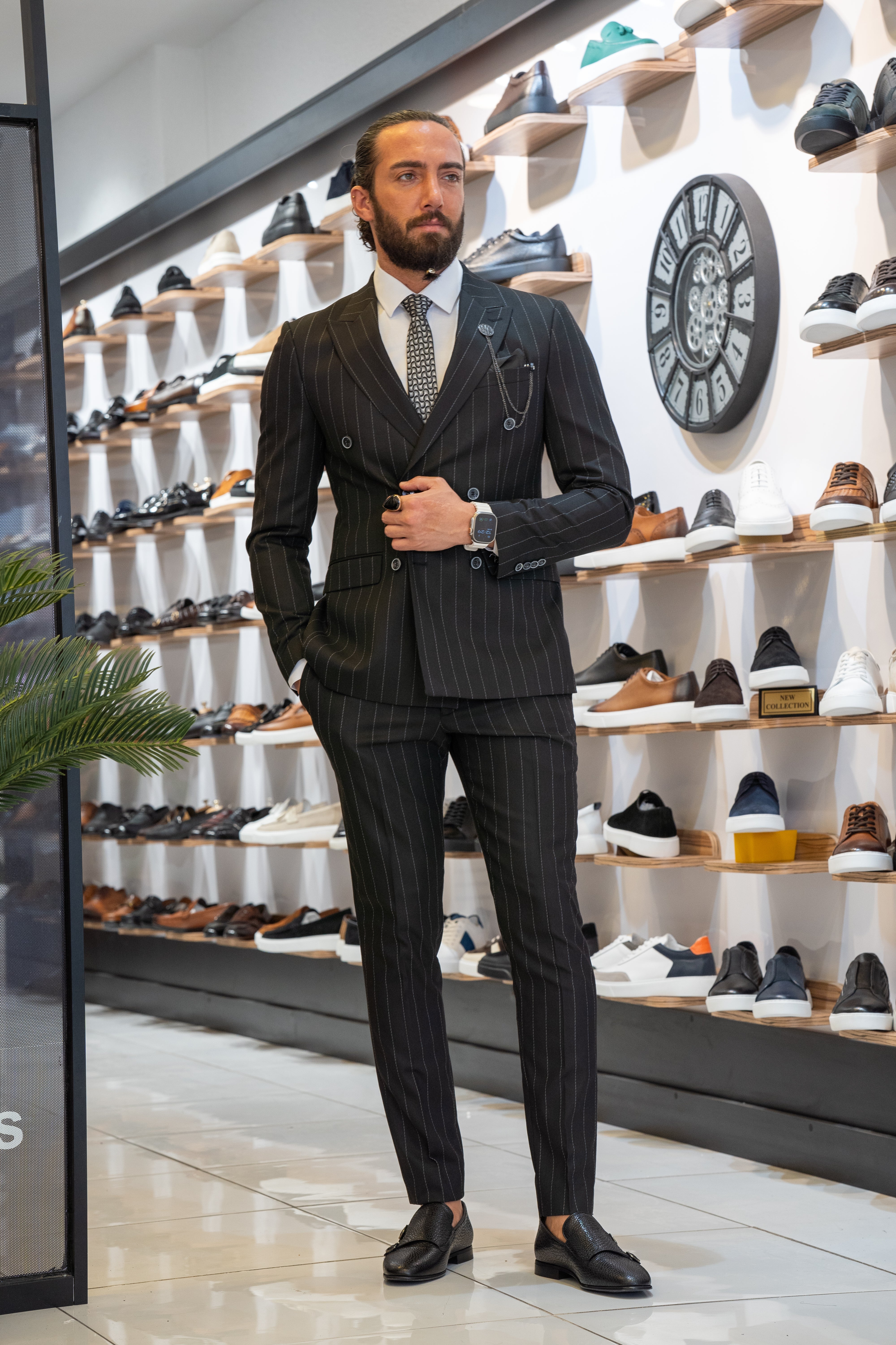 Bojoni Black Slim Fit 2 Piece Pinstripe Double Breasted Suit