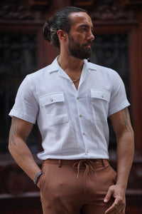 Bojoni Serra White Slim Fit Double Pocket Short Sleeve Shirt
