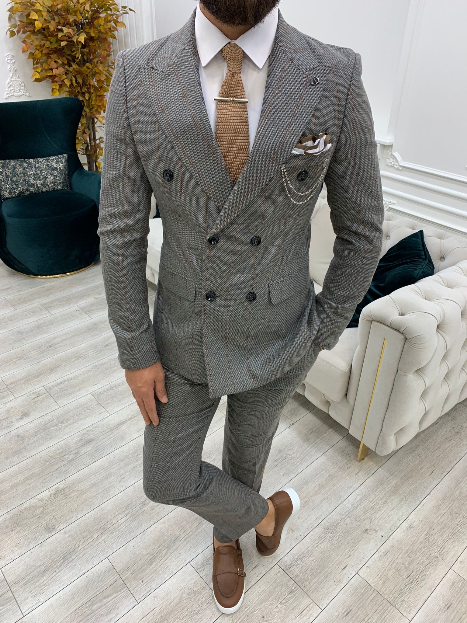 Rosario Light Gray Slim Fit Double Breasted Plaid Suit-baagr.myshopify.com-1-BOJONI