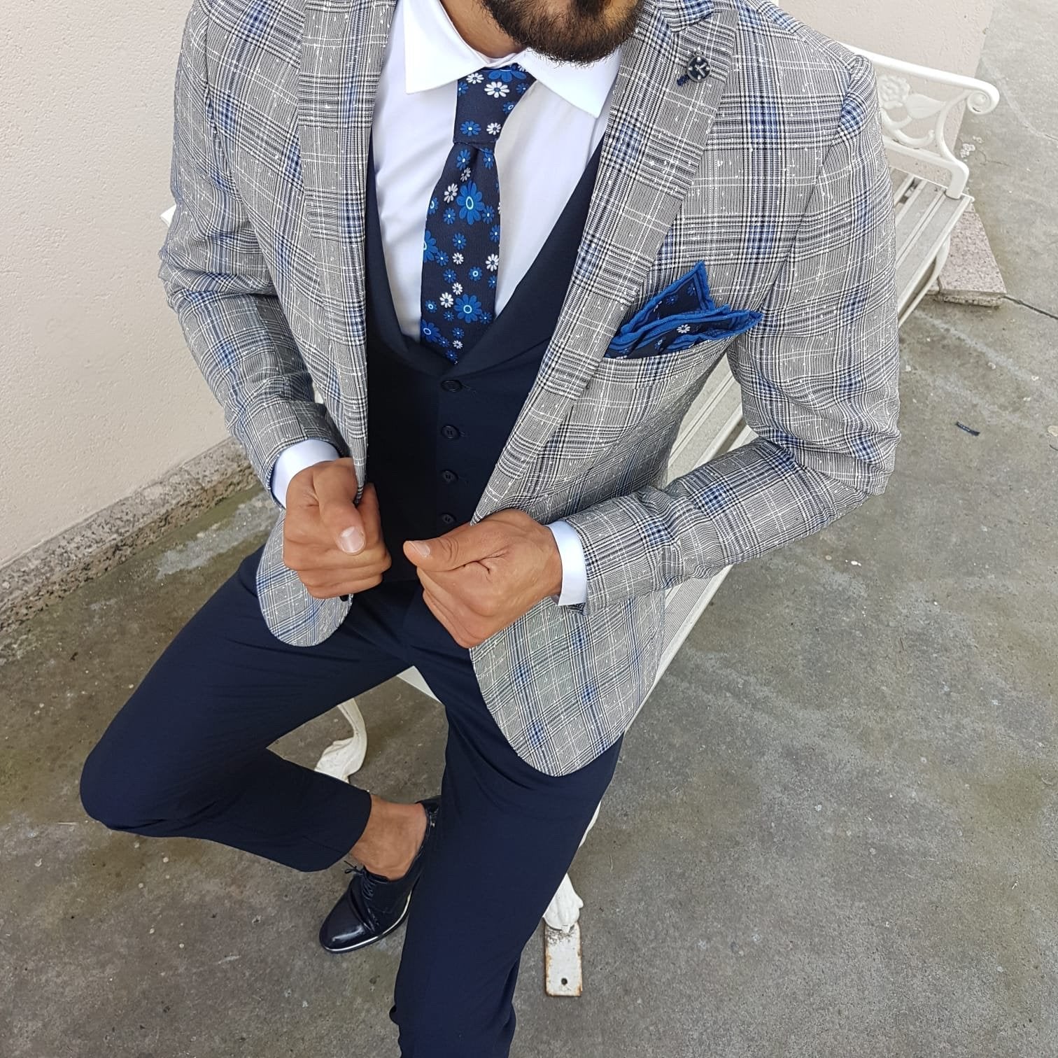 Slim-Fit Plaid Suit Vest Navy Blue-baagr.myshopify.com-suit-brabion