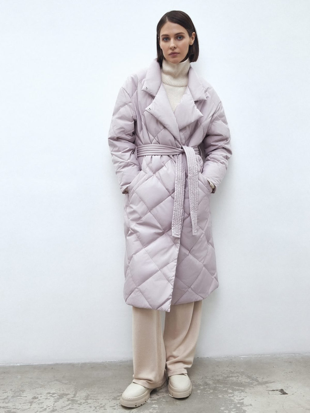 Midi Down Pink Jacket with Diamond Stitching 