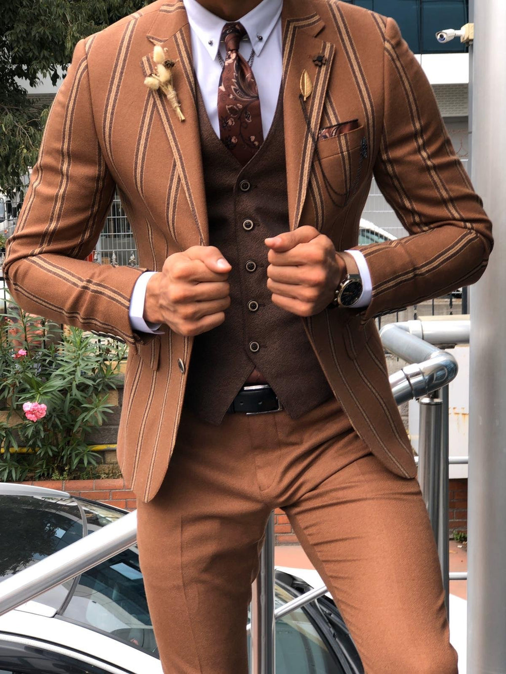 Slim-Fit Striped Suit Vest Camel-baagr.myshopify.com-suit-BOJONI