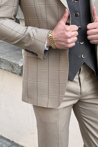 Bojoni Ravenna  Slim Fit Plaid Beige Woolen Combination Suit