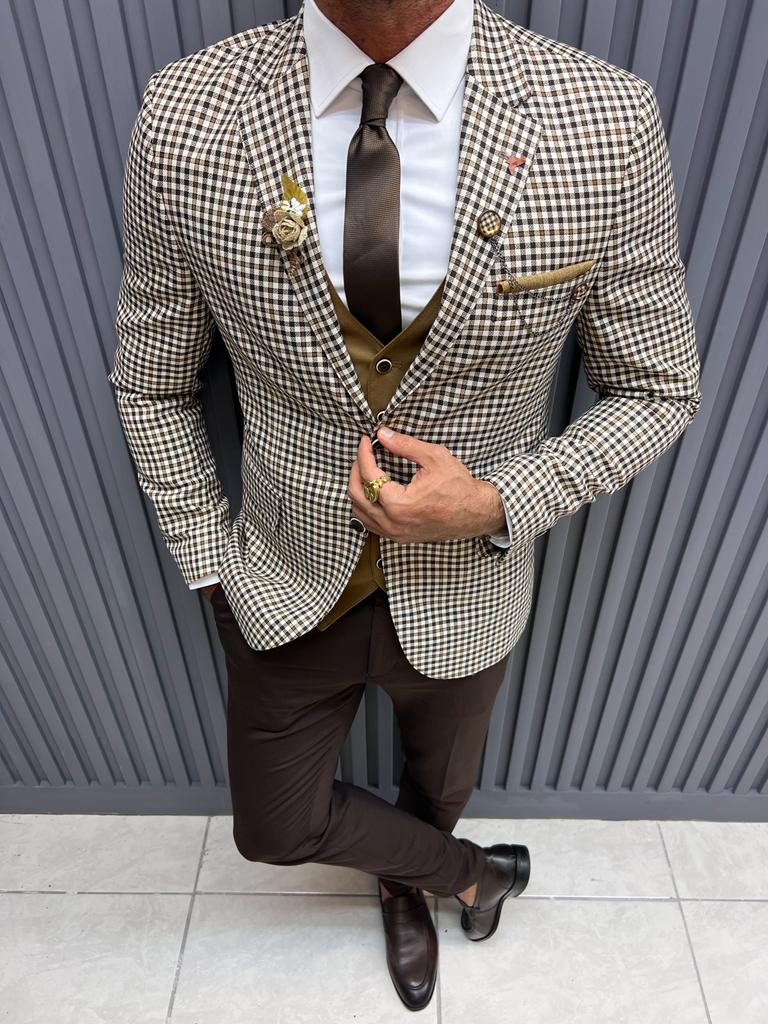 Bojoni Shagori Slim Fit Plaid Brown  Suit