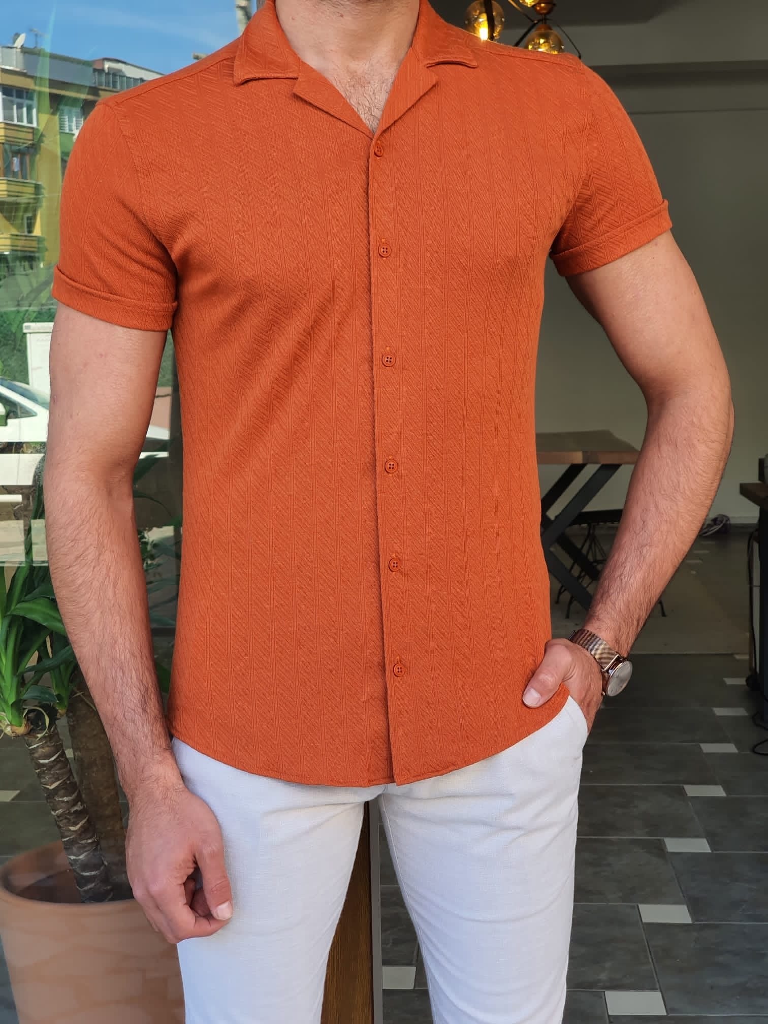 Mantova Dark Orange Slim Fit Short Sleeve Shirt-baagr.myshopify.com-Shirt-BOJONI