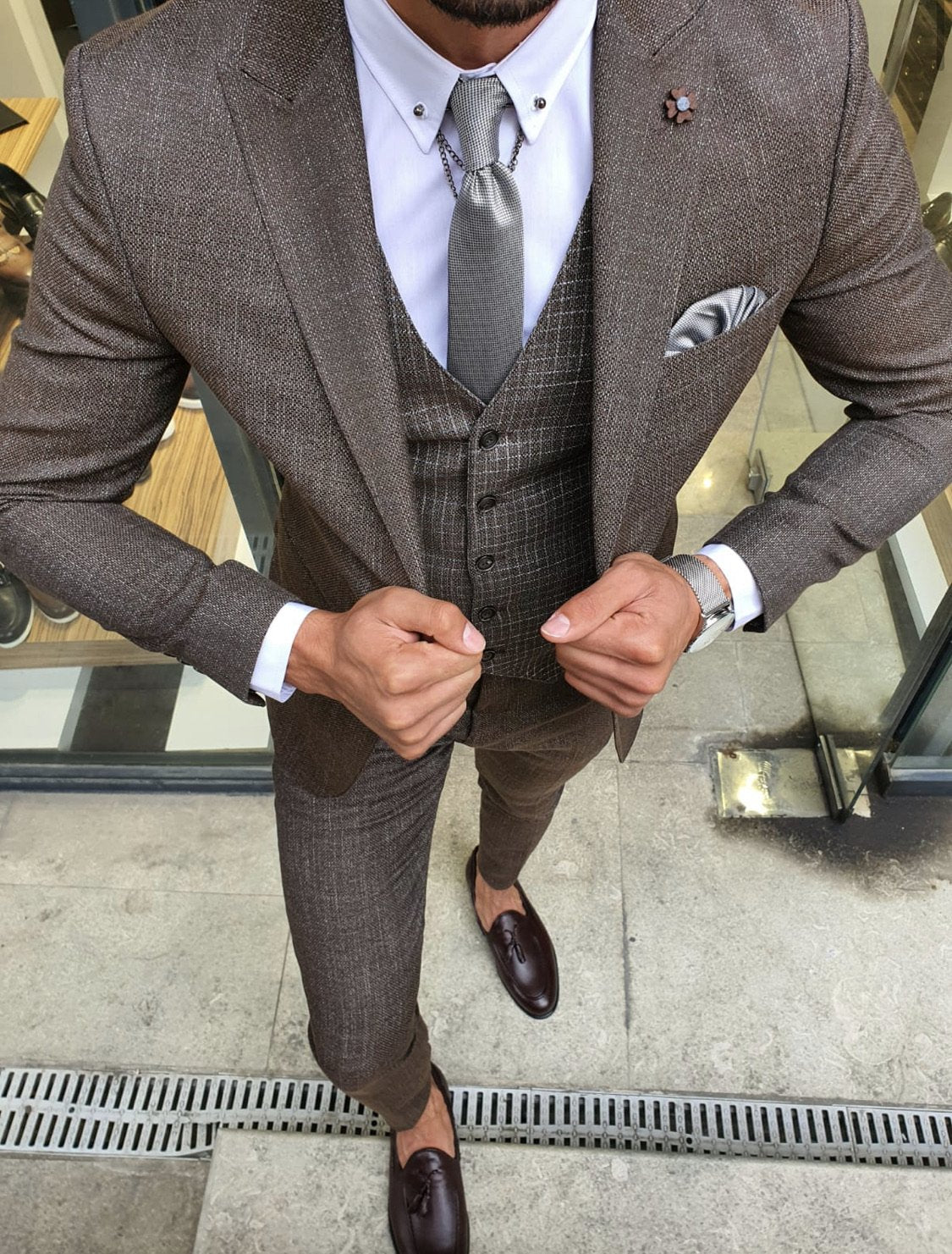 Tommy Brown Slim Fit Patterned Suit-baagr.myshopify.com-suit-BOJONI