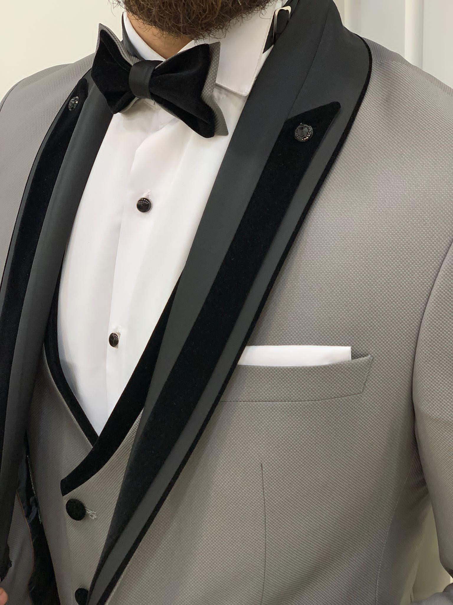 Rocca Gray Slim Fit Velvet Peak Lapel Tuxedo-baagr.myshopify.com-1-BOJONI