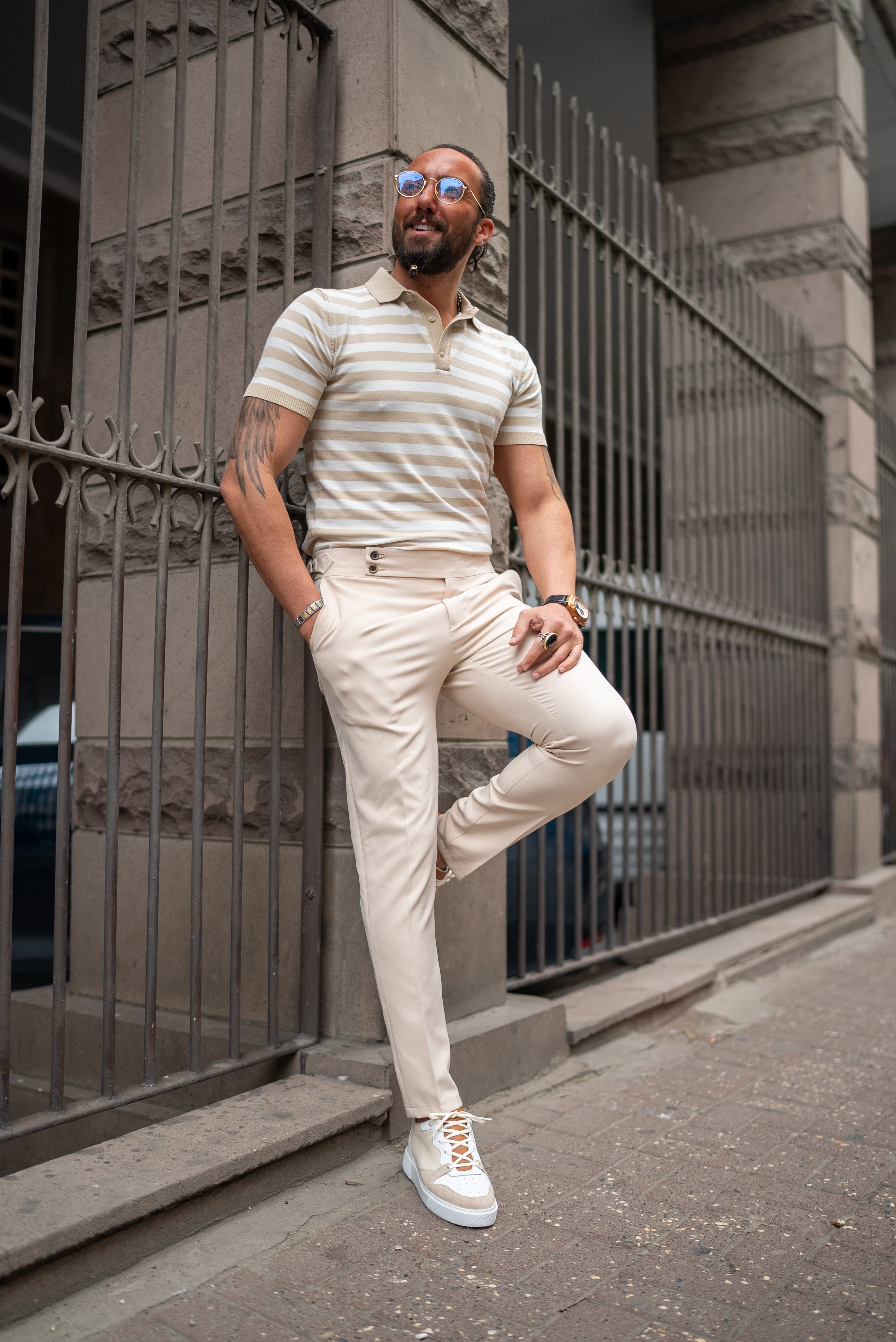 Bojoni Bath Beige Striped Polo Shirt