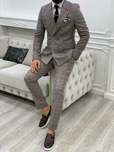 Rosario Light Brown Slim Fit Double Breasted Plaid Suit-baagr.myshopify.com-1-BOJONI