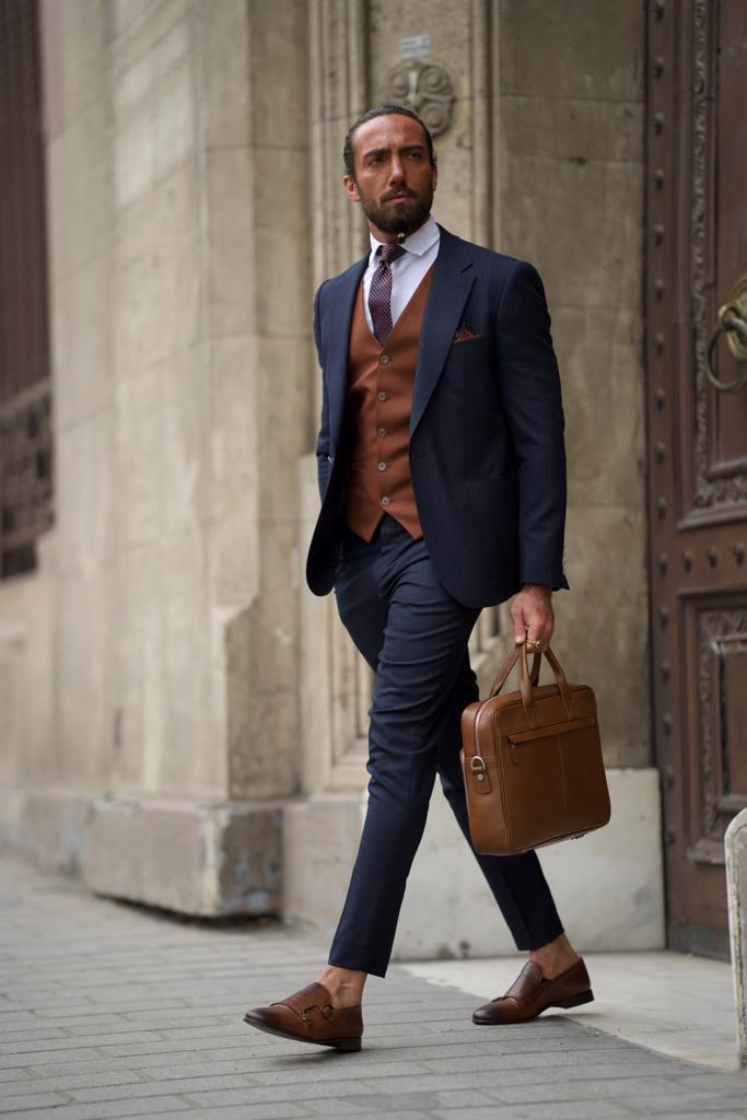 Bojoni Shagori Slim Fit Striped Navy Blue Suit Bojoni Shagori Slim Fit Striped Navy Blue Suit