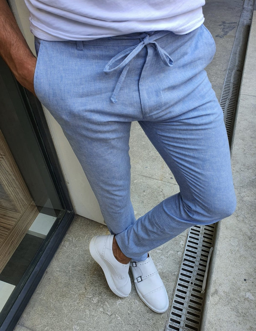 Mulen Blue Slim Fit Laced Striped Pants-baagr.myshopify.com-Pants-BOJONI