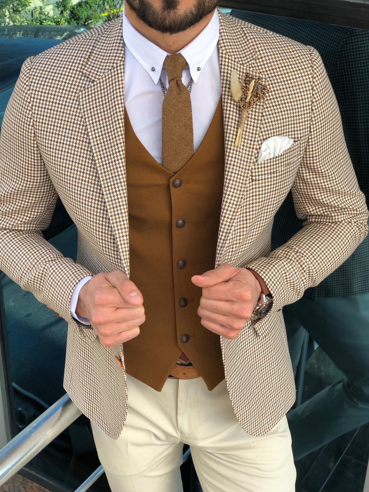 Slim-Fit Plaid Suit Vest Camel-baagr.myshopify.com-suit-BOJONI
