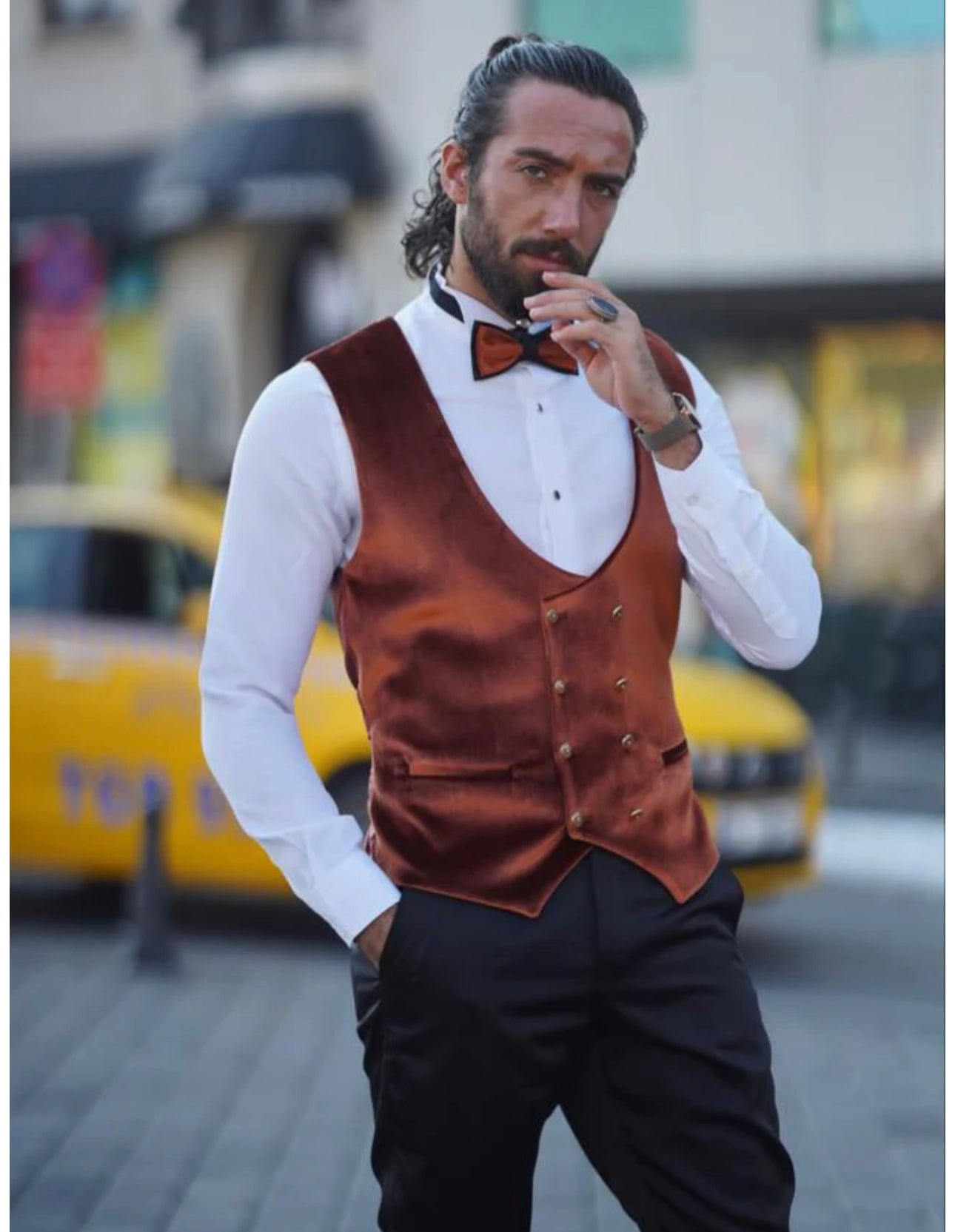 Rick Slim Fit Custom Design White & Brown Tuxedo