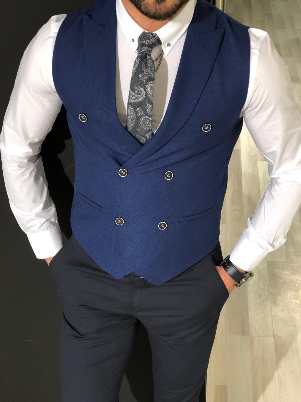 Slim-Fit Double  Breasted Vest Blue-baagr.myshopify.com-suit-BOJONI