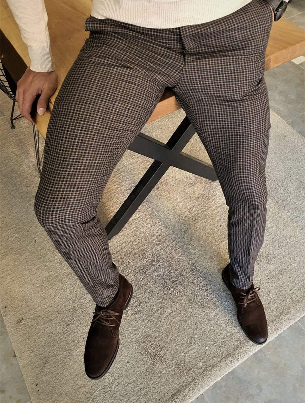 Daroni Camel Slim Fit Plaid Pants-baagr.myshopify.com-Pants-BOJONI