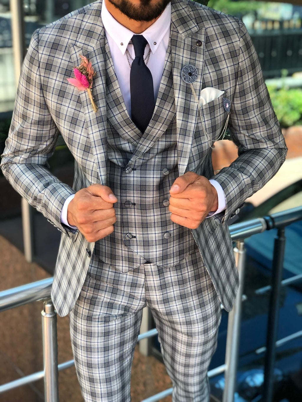 Andriano Slim-Fit Plaid Suit in Gray-baagr.myshopify.com-suit-BOJONI