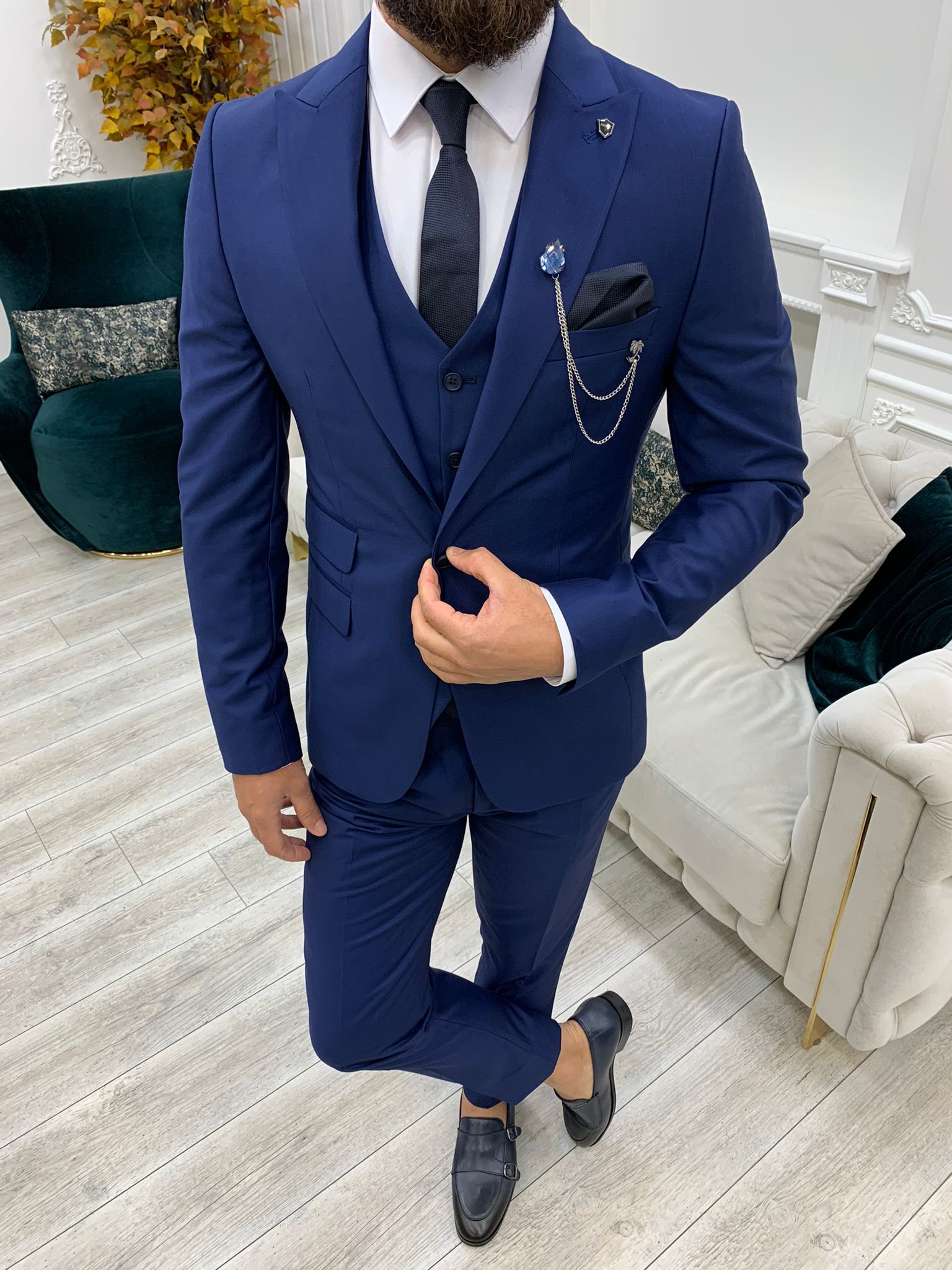 Vince Navy Blue Slim Fit Peak Lapel Suit-baagr.myshopify.com-1-BOJONI