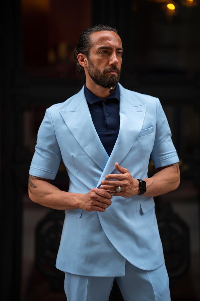 Bojoni Serra  Sky Blue Slim Fit Double Breasted Short Sleeve Suit