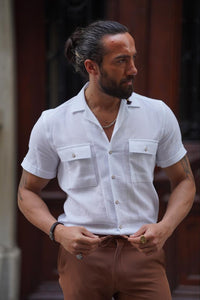 Bojoni Serra White Slim Fit Double Pocket Short Sleeve Shirt