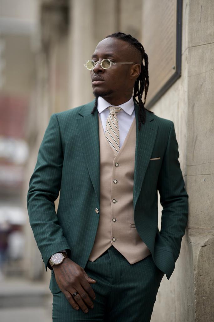 green dress shirt suit Bojoni Shagori Slim Fit Striped Green Suit