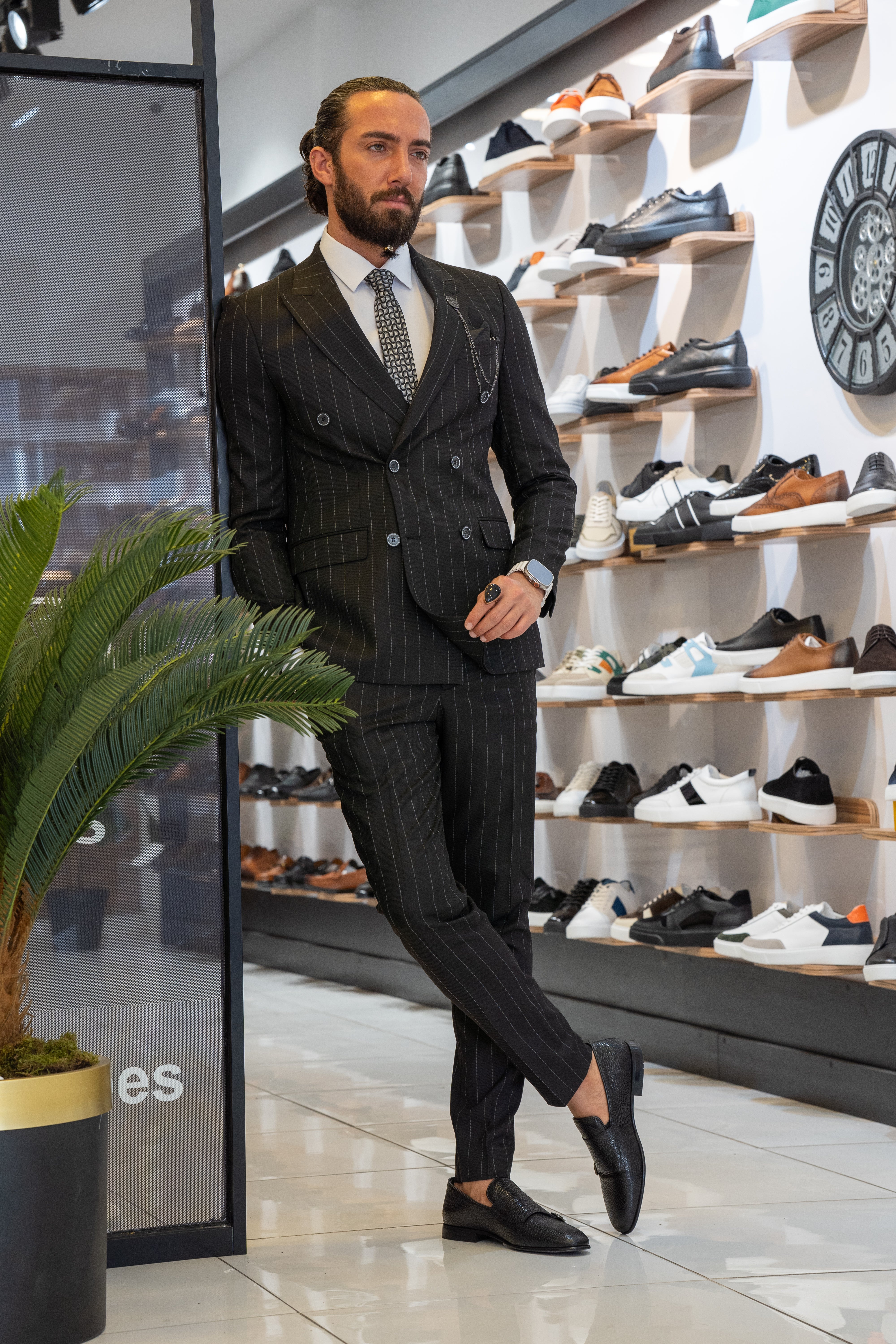 Bojoni Black Slim Fit 2 Piece Pinstripe Double Breasted Suit