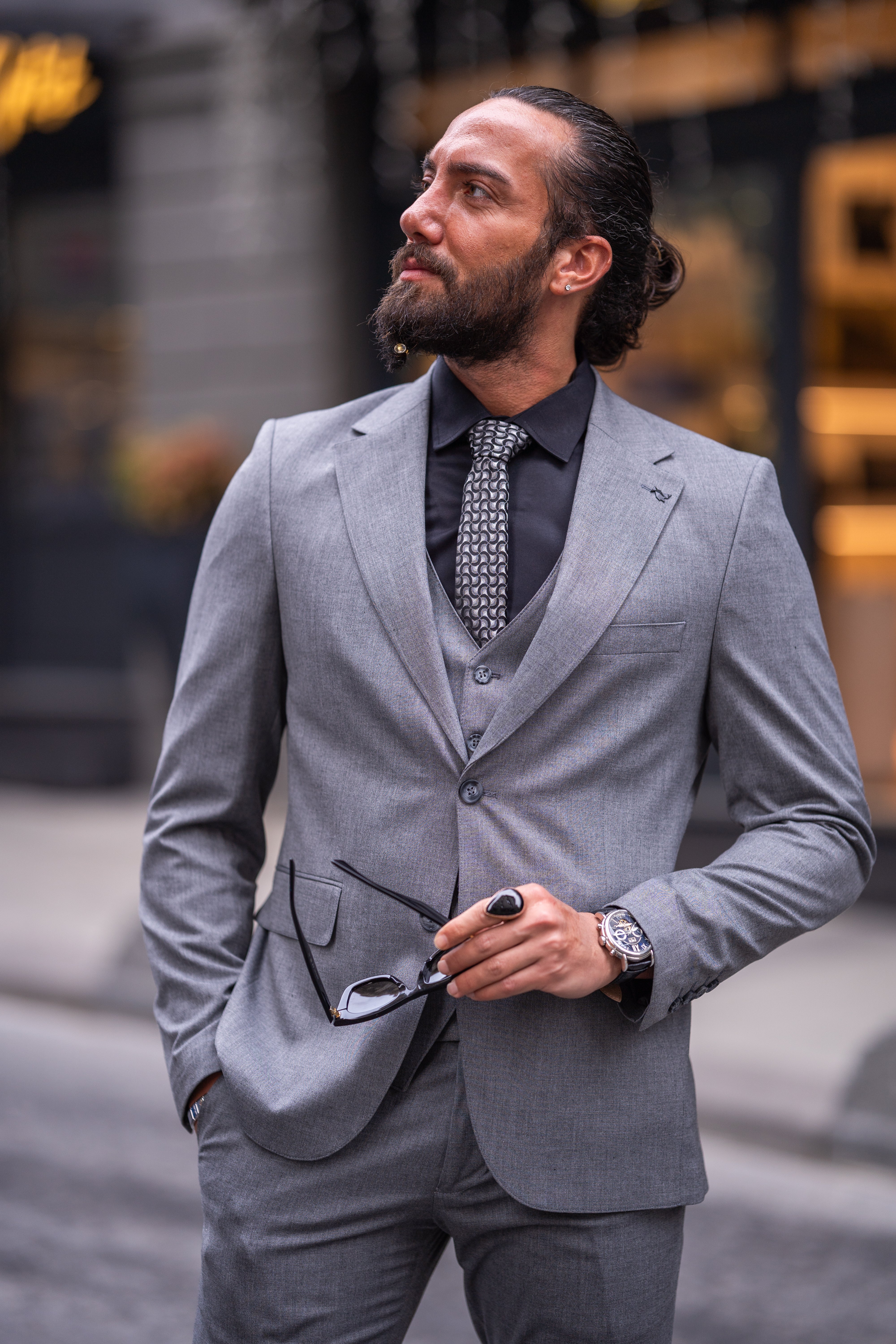 Bojoni Bath Light Gray Slim Fit Notch Lapel 3 Piece Suit