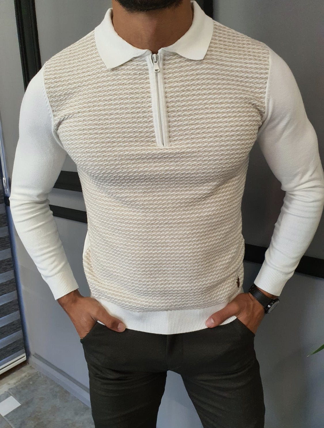 Turino Beige Slim Fit Zipper Collar Sweater-baagr.myshopify.com-sweatshirts-BOJONI
