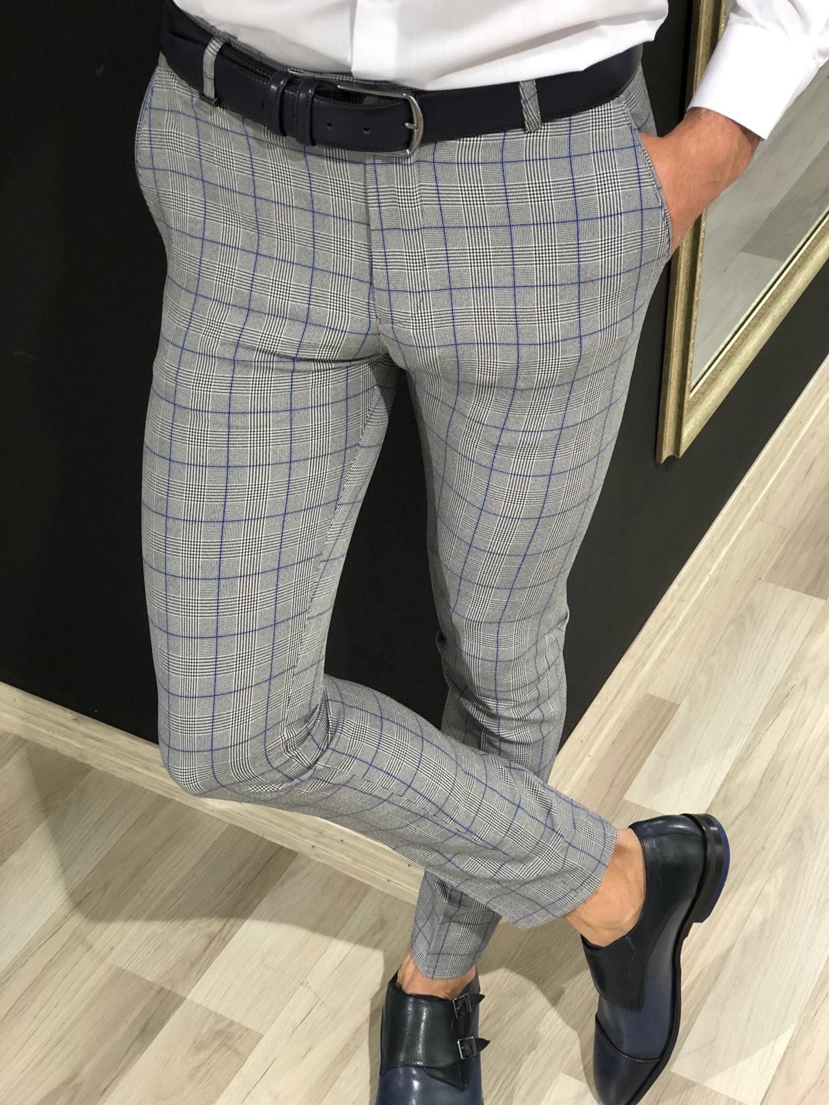 slim fit plaid dress pants Slim Gray Plaid Wool-blend Suit Pant