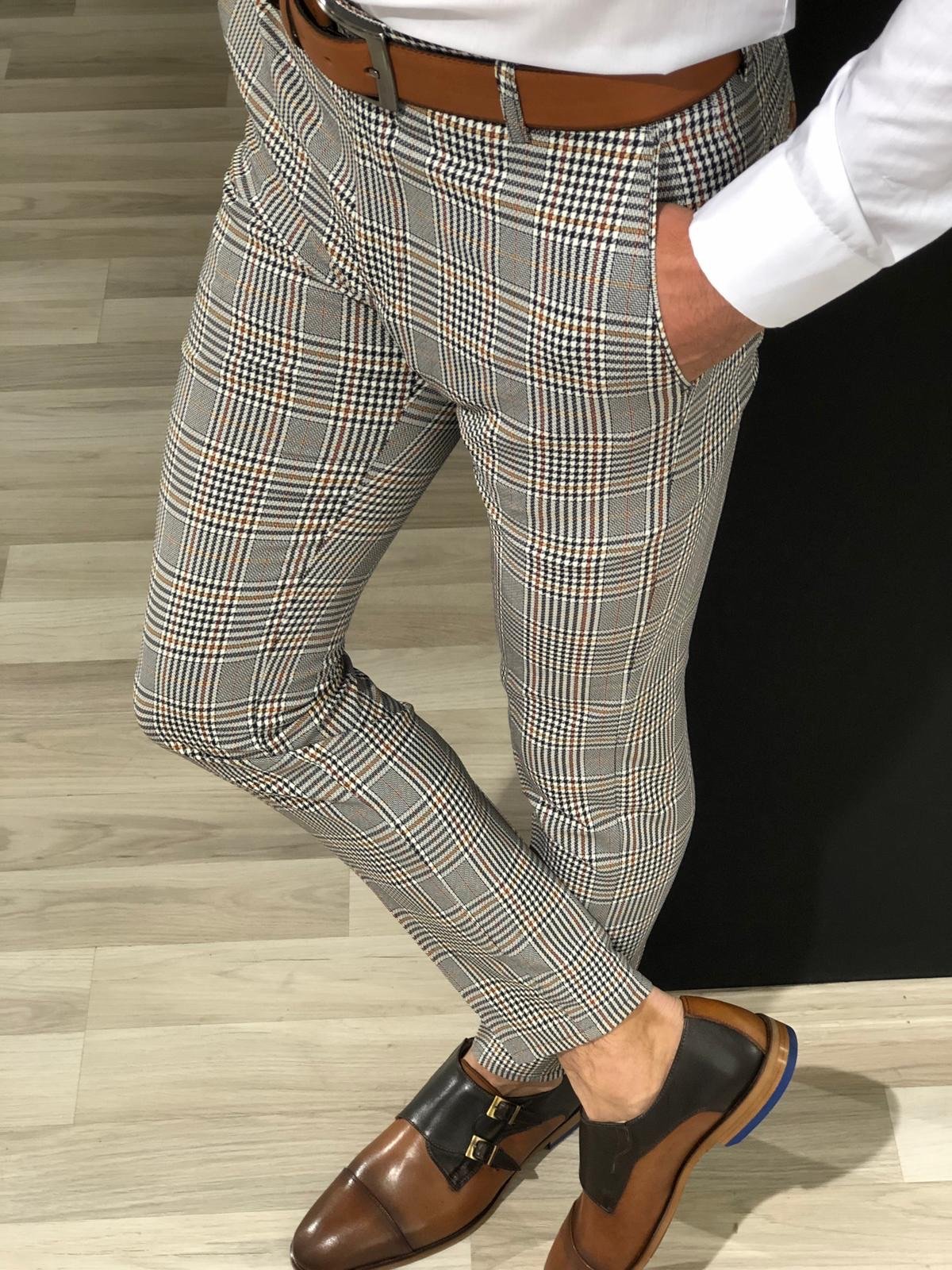 Ferra Slim Fit Plaid Pants in Orange | VICLAN Ferra Slim Fit Plaid Pants in Orange | VICLAN
