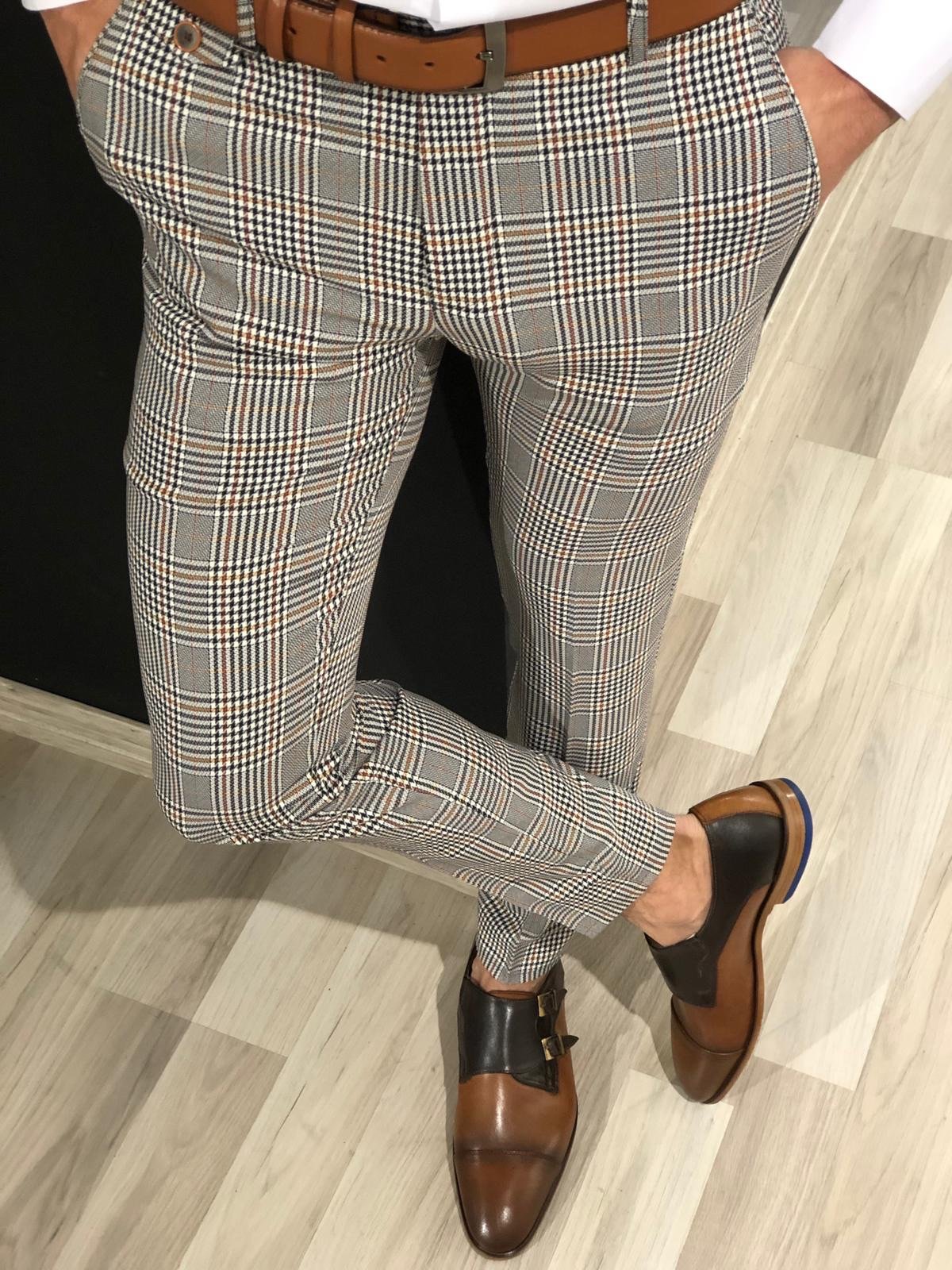 Ferra Slim Fit Plaid Pants in Orange | VICLAN Ferra Slim Fit Plaid Pants in Orange | VICLAN