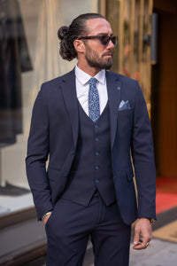 Bojoni Bath Navy Blue Slim Fit Notch Lapel 3 Piece Suit