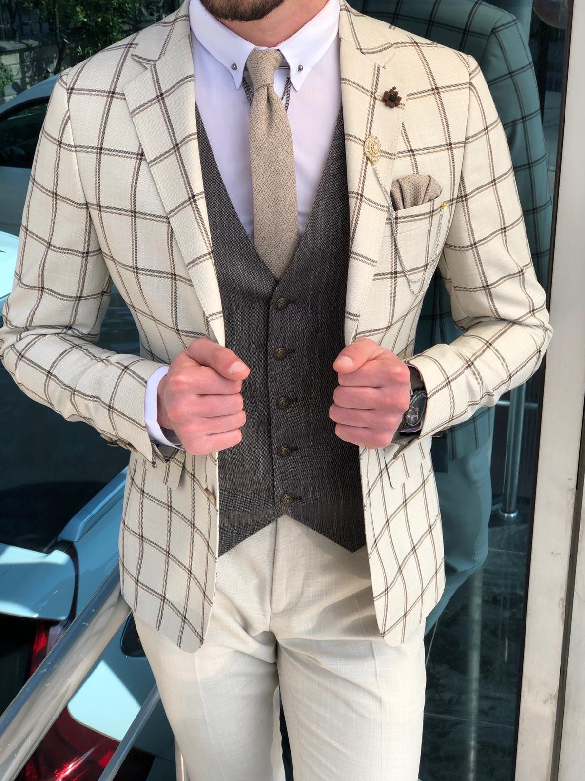 Slim-Fit Plaid Suit Vest Beige-baagr.myshopify.com-suit-BOJONI