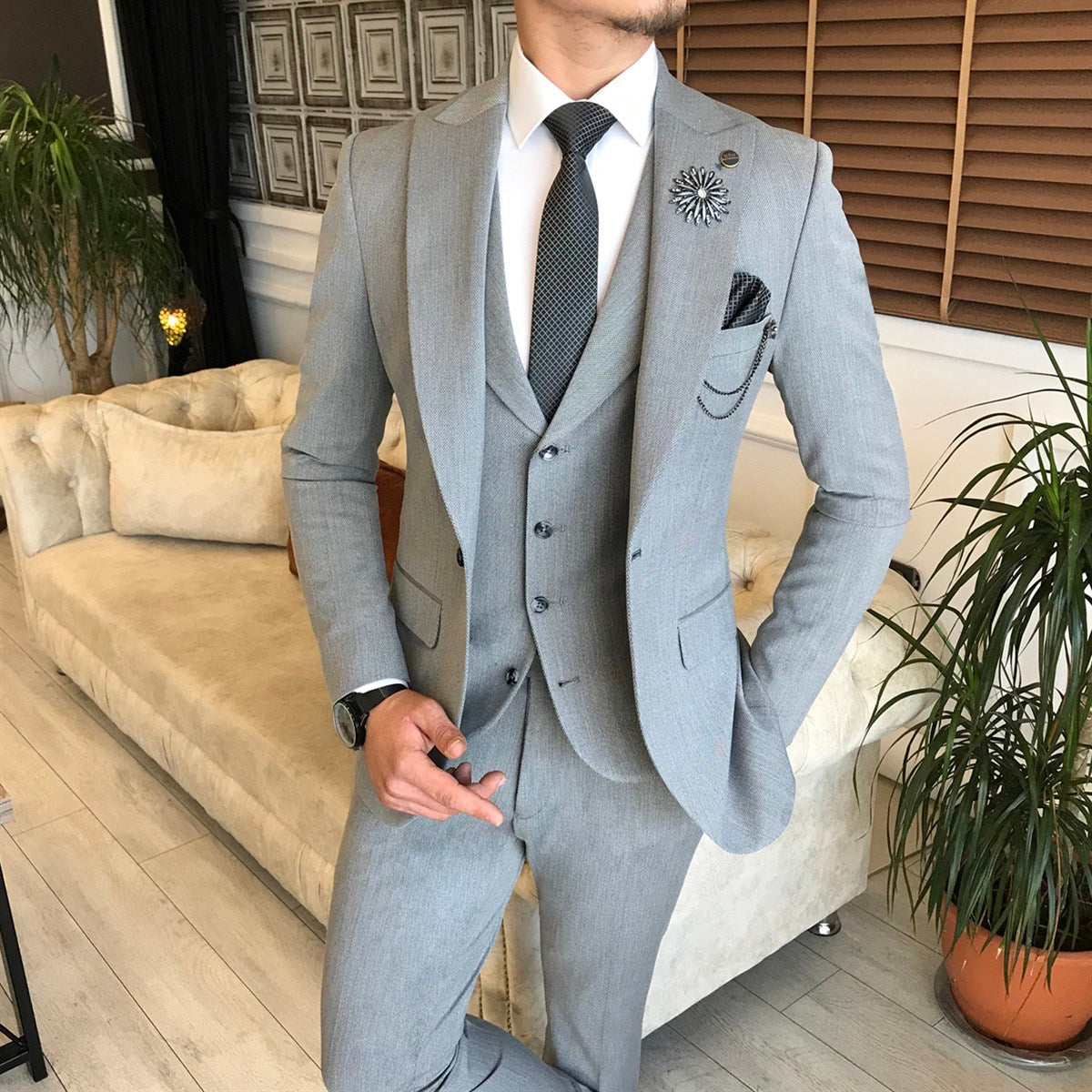 Bojoni Grey Slim-Fit Suit 3-Piece 