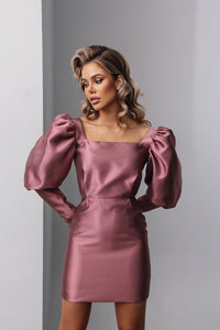 Viclans Taffeta Mini Pink Dress with Lantern Sleeves 