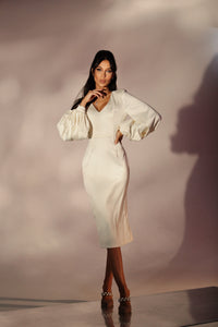 Viclans Satin Midi White Dress with Puffy Sleeves 