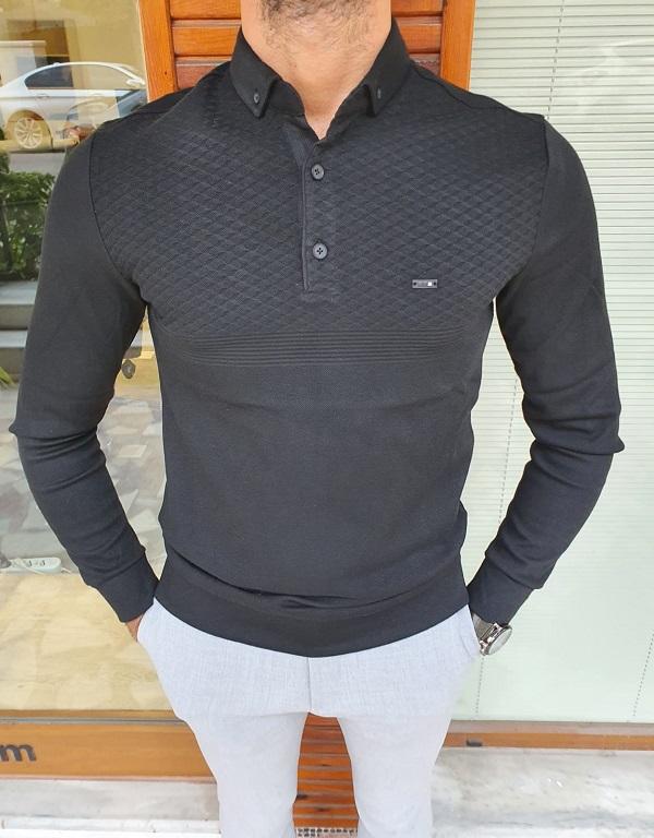 Verno Black Slim Fit Long Sleeve Polo Shirt-baagr.myshopify.com-sweatshirts-BOJONI
