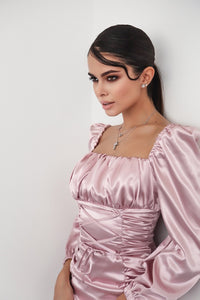 Viclans Draped Satin Mini Pink Dress with Lace-up Waist 