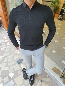 Verno Black Slim Fit Long Sleeve Polo Shirt-baagr.myshopify.com-sweatshirts-BOJONI