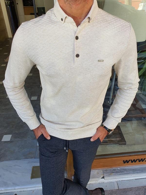 Verno Beige Slim Fit Long Sleeve Polo Shirt-baagr.myshopify.com-sweatshirts-BOJONI