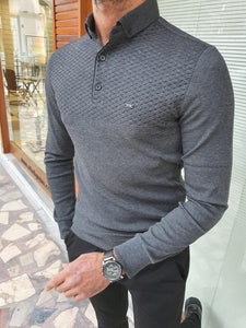 Verno Dark Gray Slim Fit Long Sleeve Polo Shirt-baagr.myshopify.com-sweatshirts-BOJONI