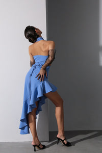 Viclans Asymmetric Ruffle Midi Blue Dress with Drawstring Waist 