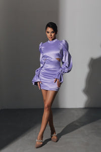 Viclans Draped Satin Mini Purple Dress with Split Waist 