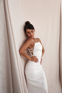 Side Lace Satin Midi Dress White 