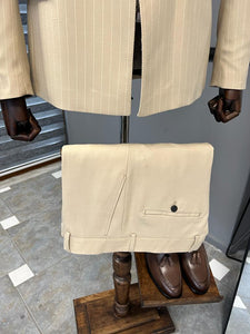 Bojoni Fremont Beige Slim Fit Double Breasted Pinstripe Wool Suit 