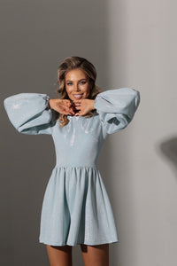 Viclans Blue Jumpsuit with Puff Sleeves in Lurex Jersey 