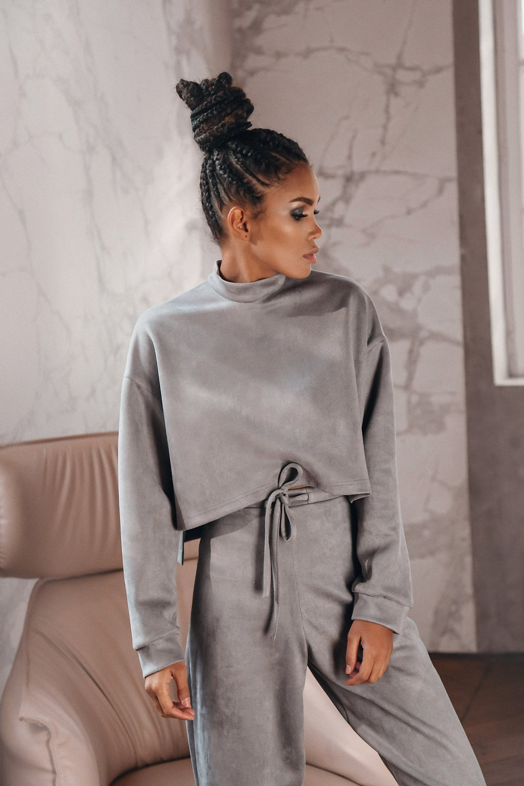 Shortened Sweatshirt Suede Suit 