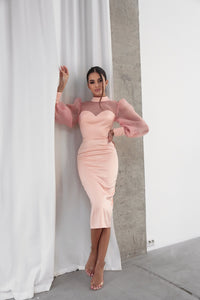 Satin Bodycon Dress with Organza Sleeves Pink 
